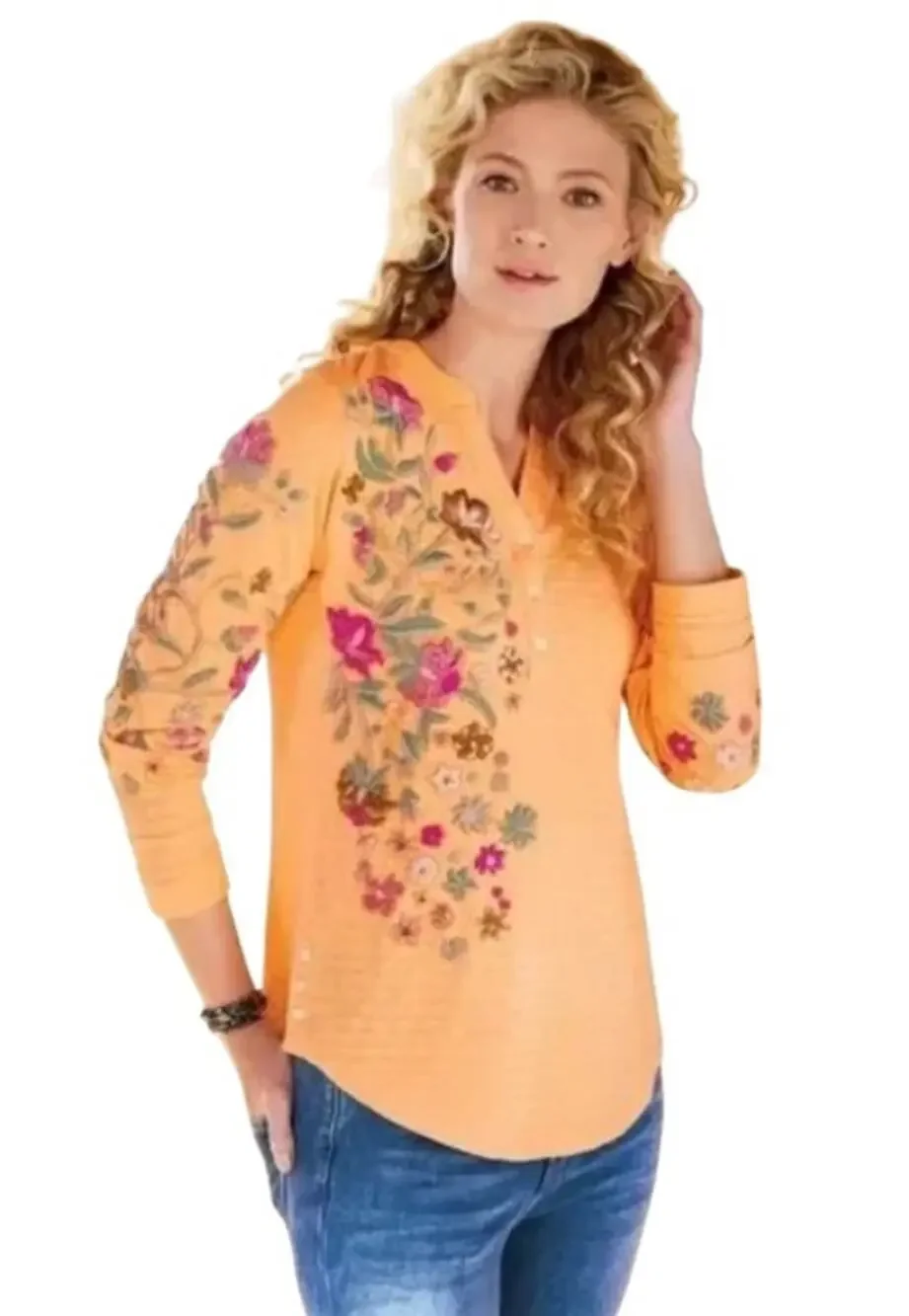 Soft Surroundings Orange Antalya Striped Floral Embroidered Henley Top